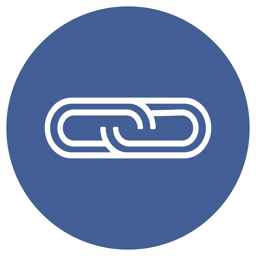 Broken Links Icon Blue circle with white chain links inside depicting a Broken Links icons